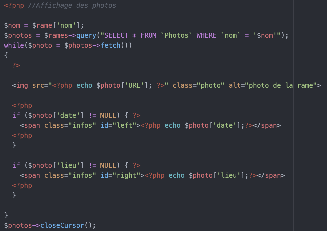 Code affichant les photos pour chaque fiche