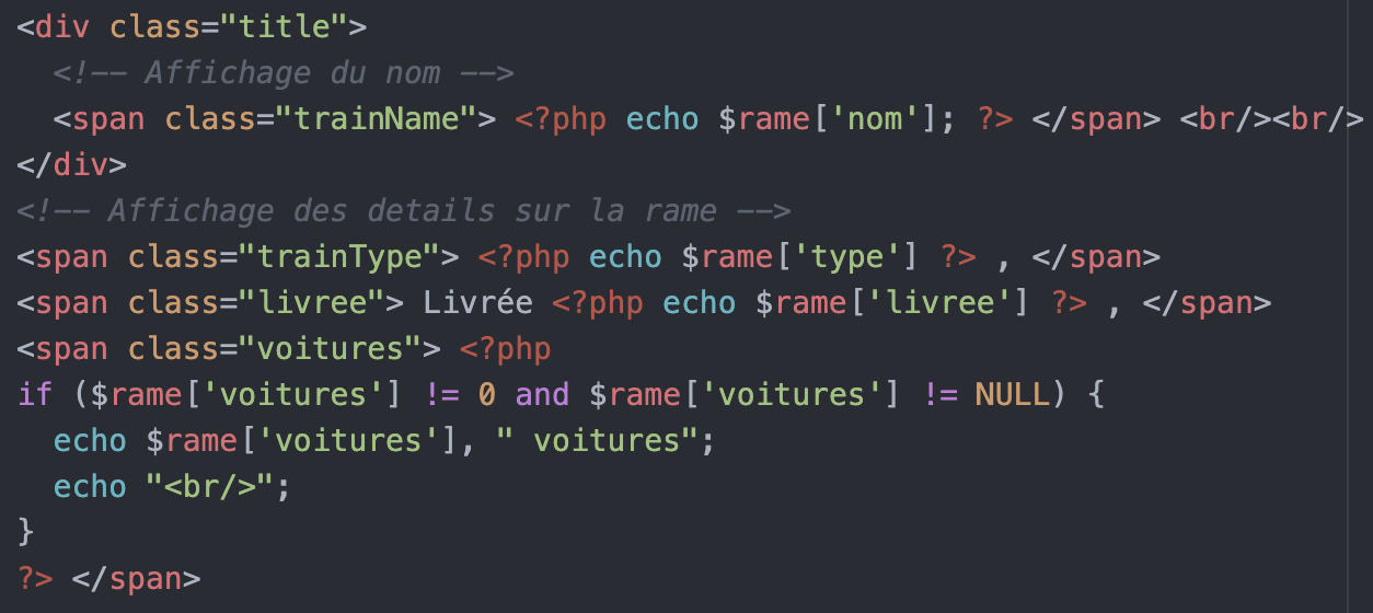 Code affichant le titre de chaque fiche